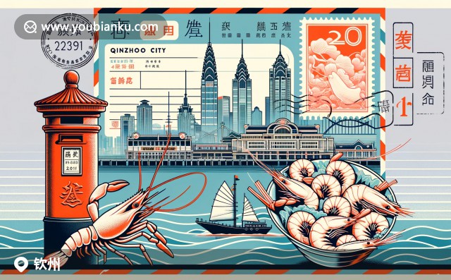 欽州特色文化與郵政元素完美融合，展現(xiàn)茅尾海美景、坭興陶和豬腳粉，配以航空郵件圖案