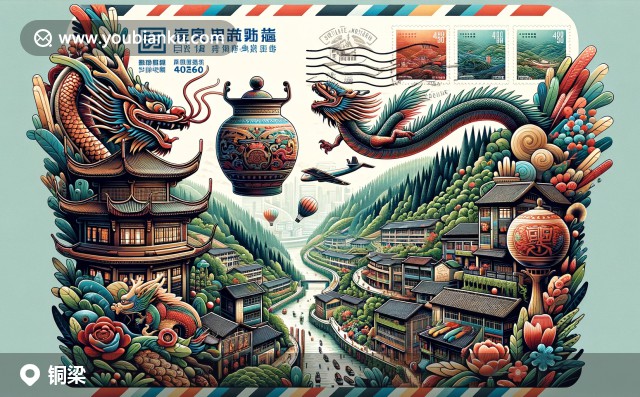傳統(tǒng)銅梁龍舞與鐵鍋工藝在郵票信封上的現(xiàn)代呈現(xiàn)，402560郵政編碼下的綠色銅梁風(fēng)光