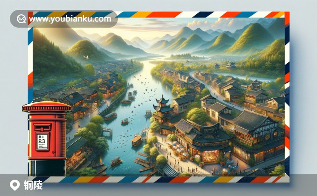 郵政主題插畫：銅陵長(zhǎng)江大橋、古青銅器與244100郵編的現(xiàn)代交融