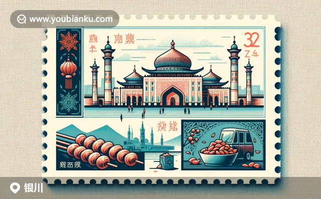 現(xiàn)代插畫展示銀川南關(guān)清真大寺，阿拉伯建筑特色與地標(biāo)郵政元素交融，展現(xiàn)銀川文化與美食特色