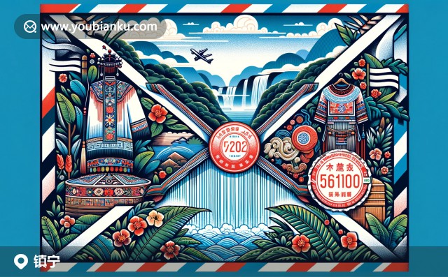 黃果樹瀑布與布依郵票的創(chuàng)意插畫，展示鎮(zhèn)寧的自然風光與民族文化