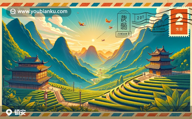 陜西省商洛市鎮(zhèn)安縣：壯麗山脈、茶園風(fēng)光與傳統(tǒng)建筑郵票風(fēng)格插畫（郵政編碼711500）