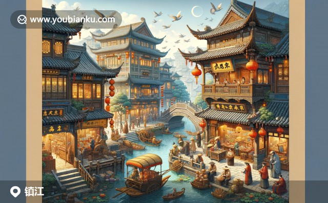 鎮(zhèn)江古街、鍋蓋面和金山寺，與郵政元素交織展現(xiàn)，現(xiàn)代插畫色彩豐富