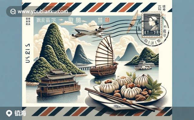 鎮(zhèn)海區(qū)特色郵封：綠色趙寶山，帆船航海，美味寧波湯圓 - 展示歷史、海洋與美食