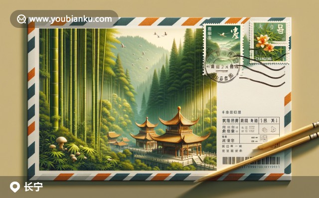長(zhǎng)寧竹海的翠綠竹林，古老的真武閣與特色竹蓀郵票圖案，展示四川長(zhǎng)寧縣的文化與自然風(fēng)光