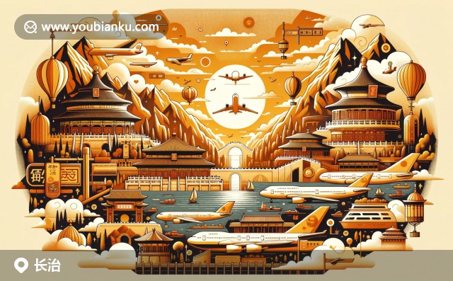 展開的航空信封，展現(xiàn)長治古城墻、桃花峪春景及黃河壺口瀑布，配以郵政編碼047100和中國郵政郵戳