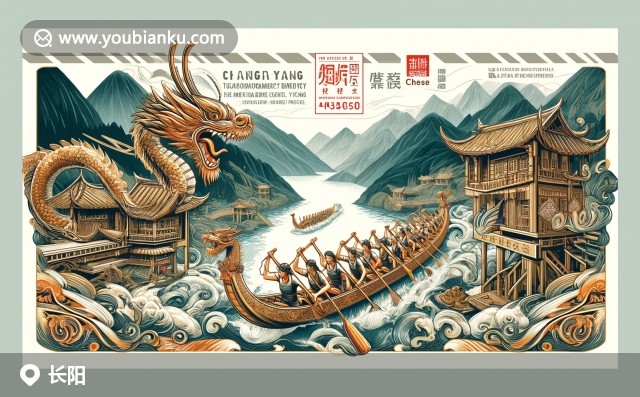 湖北省宜昌市長(zhǎng)陽(yáng)土家族自治縣風(fēng)光 - 三峽大壩，山脈，江水與傳統(tǒng)郵票的完美結(jié)合