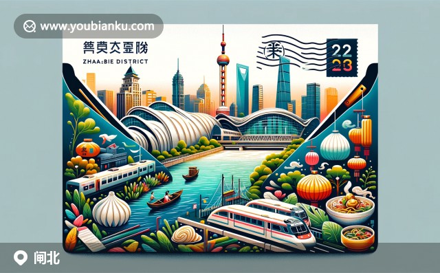 上海市閘北區(qū)蘇州河景色，1933老場(chǎng)坊建筑與小籠包郵票設(shè)計(jì)，紀(jì)念200000郵政編碼的創(chuàng)意插畫