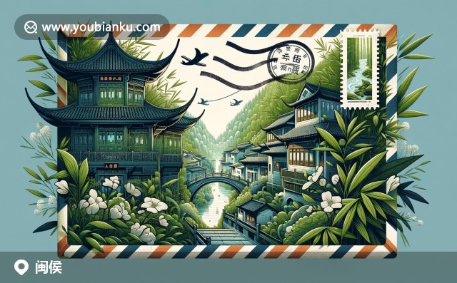 福州閩侯特色郵票信封設(shè)計，融合三坊七巷、竹林與白茶元素，展現(xiàn)郵政文化和地方風(fēng)情