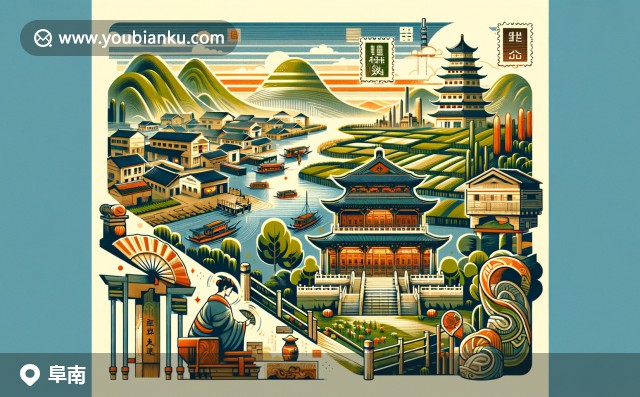 鵝湖公園的寧靜、油酥糕的美食誘惑與郵政特色的融合 - 阜南縣插畫