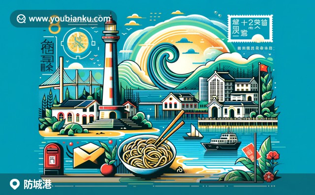 防城港繁忙的港口碼頭與裝飾有中國郵戳和郵票的航空信封，展現(xiàn)地域特色與郵政文化的完美結(jié)合