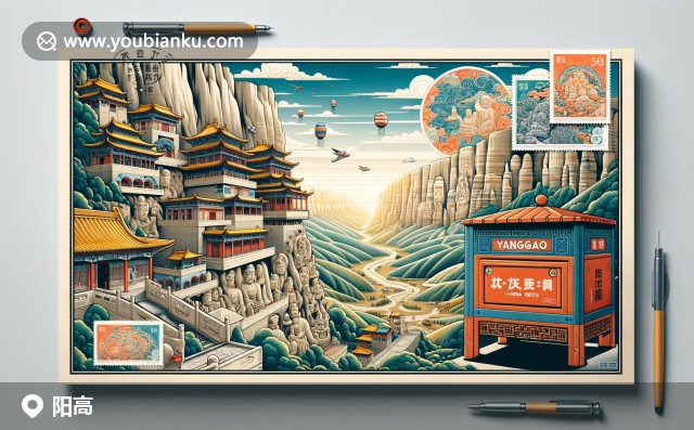 陽(yáng)高縣地標(biāo)插畫：懸空寺與云岡石窟郵筒郵票主題設(shè)計(jì)