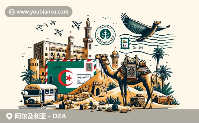 阿爾及利亞郵政頁(yè)面設(shè)計(jì)，展現(xiàn)撒哈拉沙漠、阿爾及爾卡斯巴和駱駝，結(jié)合航空郵件元素