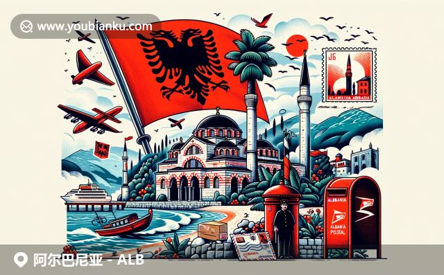 阿爾巴尼亞的紅色國(guó)旗、雙頭鷹圖案、埃特海姆貝伊清真寺和美麗的德赫爾米海灘，融入現(xiàn)代設(shè)計(jì)中