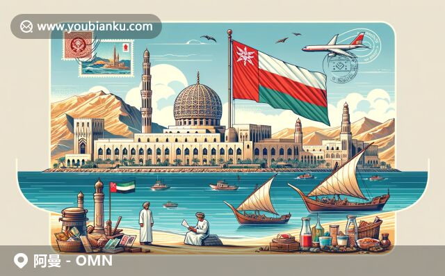 現(xiàn)代創(chuàng)意插畫，展示阿曼郵政編碼設(shè)計(jì)：國旗、蘇丹卡布斯大清真寺、傳統(tǒng)汗jar、市場(chǎng)、服飾食品、明信片和郵件信封