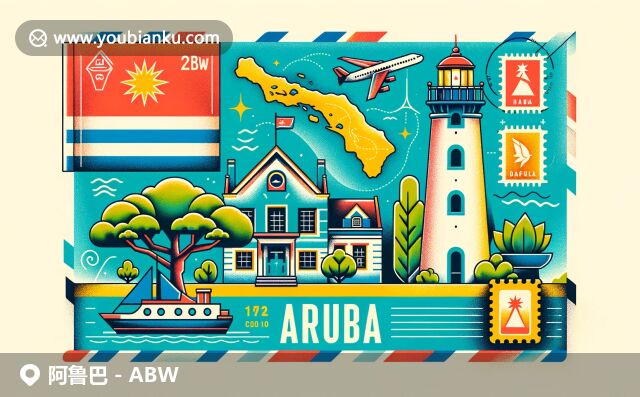色彩鮮艷的明信片風格設計，展現(xiàn)阿魯巴旗幟、地圖、燈塔、分叉樹和殖民地建筑，融合郵票郵戳元素