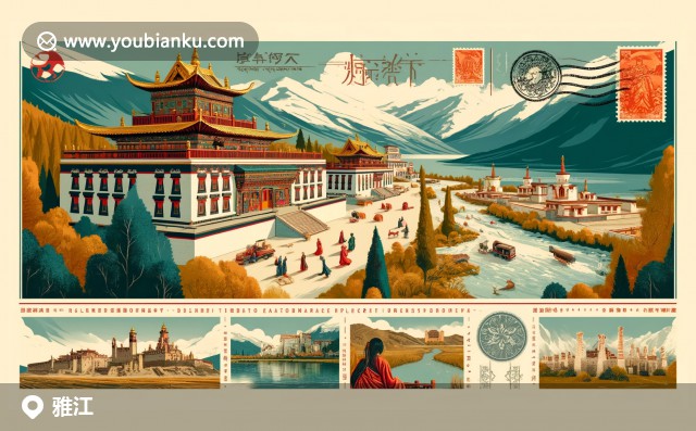 四川省甘孜藏族自治州雅江縣郵票風(fēng)格插圖：西藏寺院、壯麗山河與藏族風(fēng)情