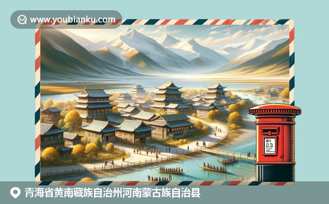青海湖壯麗景色與藏族建筑，牧羊人和羊群生動(dòng)描繪，融入中國風(fēng)郵政元素