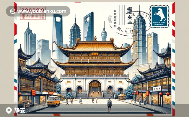 靜安寺金色屋頂與摩天大樓交相輝映，南京西路熱鬧購物街，郵票元素展示200000郵政編碼