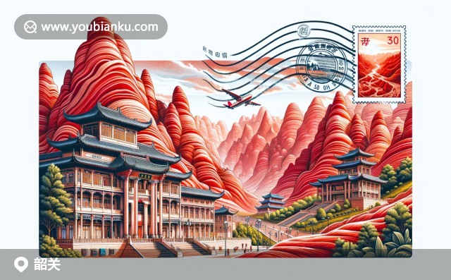 韶關(guān)丹霞山的紅巖與牌坊街，融入航空郵件元素的繪畫藝術(shù)