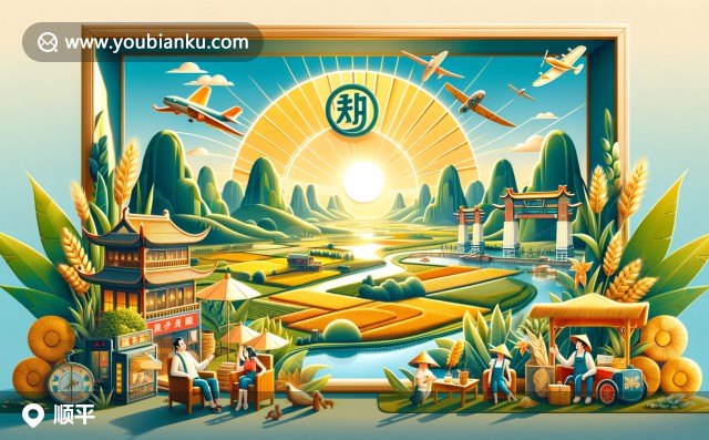 河北省保定市順平縣的航空信封插圖，展示九龍山風(fēng)景、農(nóng)耕活動及特色美食，帶有中國風(fēng)郵戳和郵政編碼072250