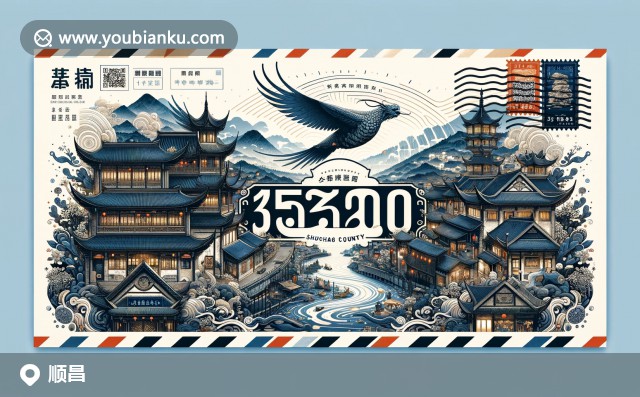 福建省南平市順昌縣郵封特寫，展示古鎮(zhèn)、中國(guó)傳統(tǒng)建筑及壯麗景色，郵政編碼353200，探索順昌歷史文化與自然之美