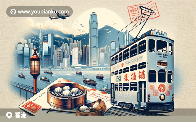 插畫呈現(xiàn)香港太平山頂纜車與維多利亞港天際線，背景現(xiàn)代都市風(fēng)貌