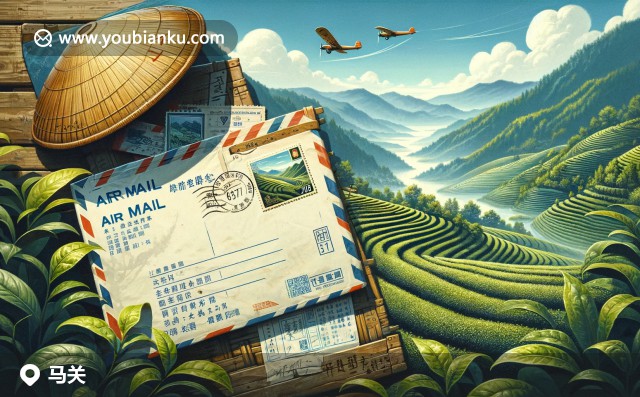 馬關(guān)縣茶園梯田與復(fù)古郵差信封的數(shù)字化藝術(shù)插圖，展示茶文化與南盤江美景