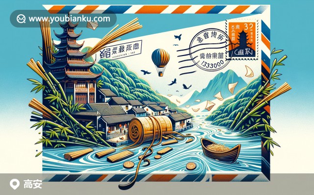 展示云天文化小鎮(zhèn)郵票的高安郵封，飄出竹海元素和米粉象征豐富文化與自然遺產(chǎn)