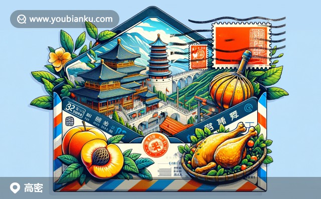 郵票裝飾的航空信封，展示高密黑桃果園、鎮(zhèn)海樓與高密燉雞 - 高密本土藝術(shù)與郵政傳統(tǒng)的完美融合