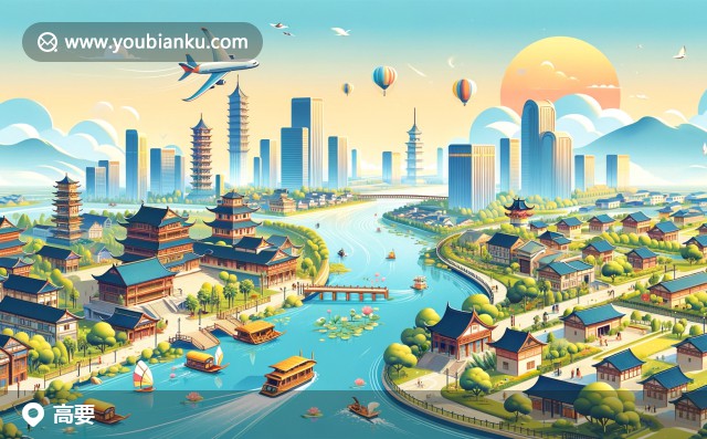 現(xiàn)代插畫風(fēng)格的高要市風(fēng)光，展示西江河景、金利荔枝與寶墨園歷史特色