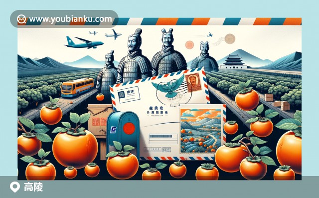 陜西省西安市高陵縣：兵馬俑、柿子果園與航空郵件郵票郵筒的藝術插圖