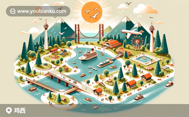 雞西特色明信片，展示興凱湖與地方美食，融入郵政元素