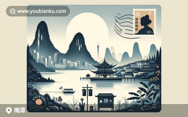 鷹潭自然與文化的完美融合，展現(xiàn)龍虎山輪廓和月亮灣景致，與郵政元素如郵票、郵筒相融
