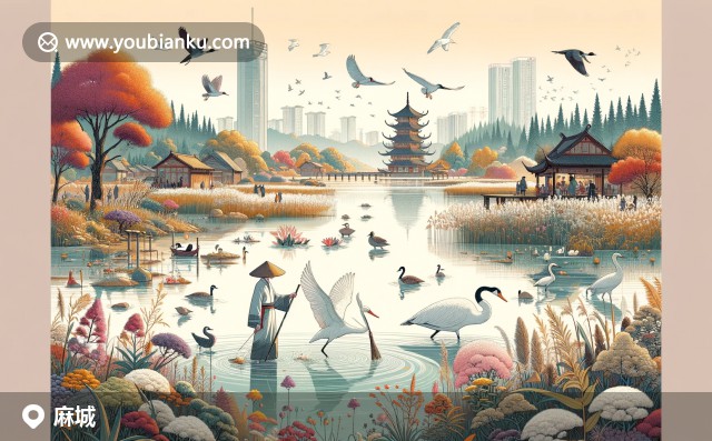 黃岡市麻城：白鷺湖濕地公園的寧靜風光與傳統(tǒng)美食豆腐干的插畫，以及郵政元素展示地方連接