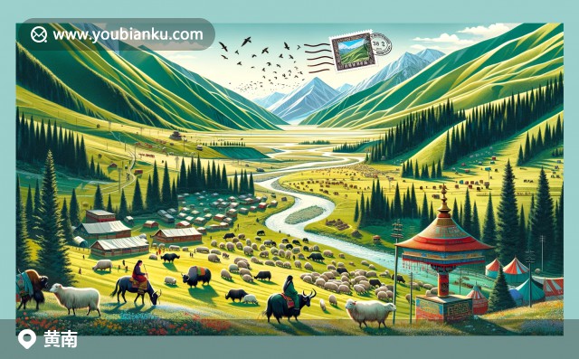黃南?？撇菰吧?，藏族文化元素相映，牦牛羊群悠閑吃草，郵政明信片設(shè)計(jì)獨(dú)具匠心