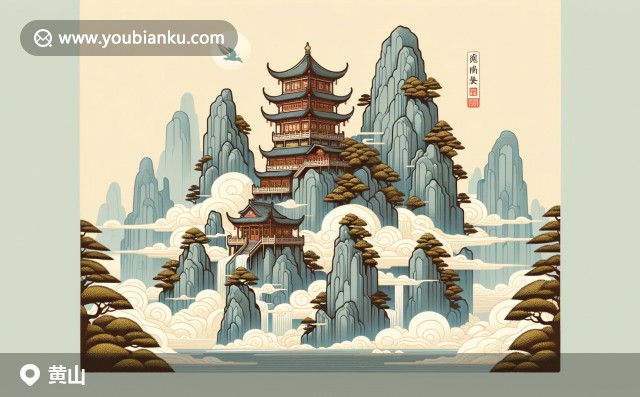 黃山插圖：霧繞山峰、迎客松與航空郵件創(chuàng)意呈現(xiàn)，郵編242700