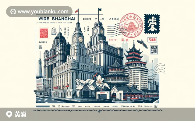 黃浦區(qū)特色：外灘建筑群、豫園與繁華南京路，帶有200000郵政編碼的中國傳統(tǒng)郵票設(shè)計(jì)