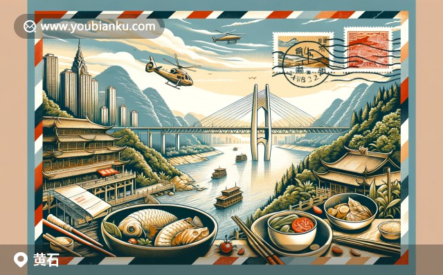 黃石市地方特色與郵政元素融合，黃石港餅、太子豆腐和松花皮蛋以視覺方式展現(xiàn)，周圍有郵票和郵戳
