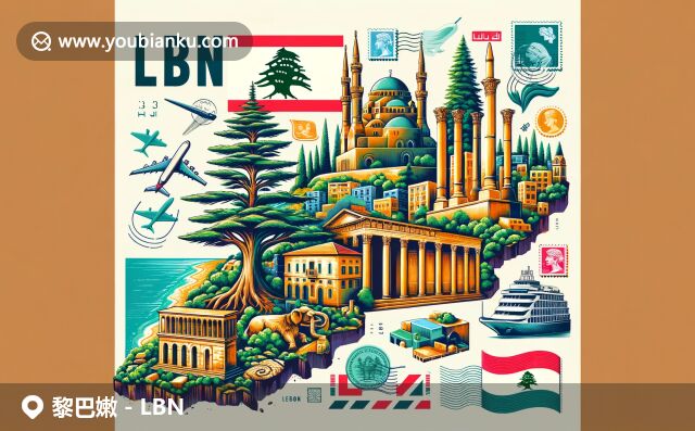 黎巴嫩自然景觀與文化遺產(chǎn)的融合，展現(xiàn)雪松、羅馬廟宇、貝魯特市景與地中海海岸線，搭配郵政元素
