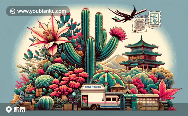 現(xiàn)代描繪黔南自然與郵政元素，刺梨花與楓香樹彰顯地方風(fēng)光。郵政信封中裝飾中國郵票和編碼，郵筒郵車輪廓體現(xiàn)郵政重要性