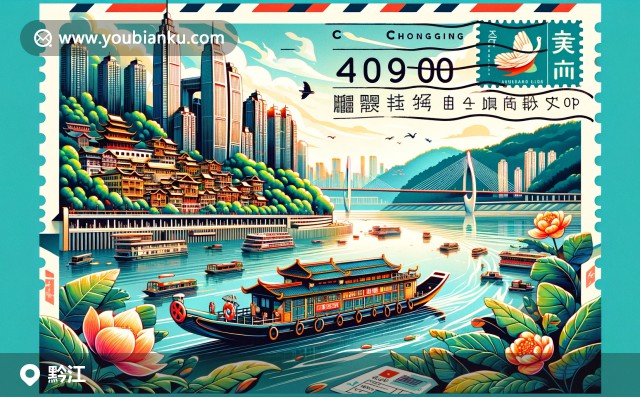 黔江區(qū)插圖：武江河景色，傳統(tǒng)船只，黔江辣子雞與現(xiàn)代郵政設(shè)計