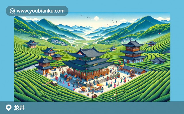 延邊龍井：茶園、朝鮮族建筑與慶祝活動的郵編主題插畫