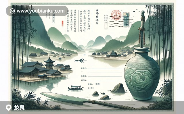 龍泉青瓷、翠竹與龍泉?jiǎng)Φ暮椭C共生 - 龍泉市郵票主題插畫(huà) (郵政編碼323700)