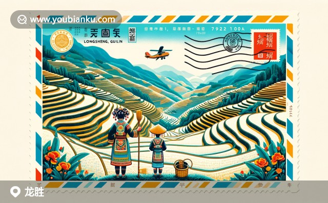 壯族傳統(tǒng)服飾與龍脊梯田的郵票式插畫 - 龍勝各族自治縣，中國桂林