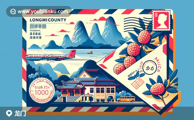 現(xiàn)代插畫風(fēng)格，展示南昆山、羅浮山郵戳與特色荔枝的航空郵件信封，516800郵政編碼藝術(shù)呈現(xiàn)